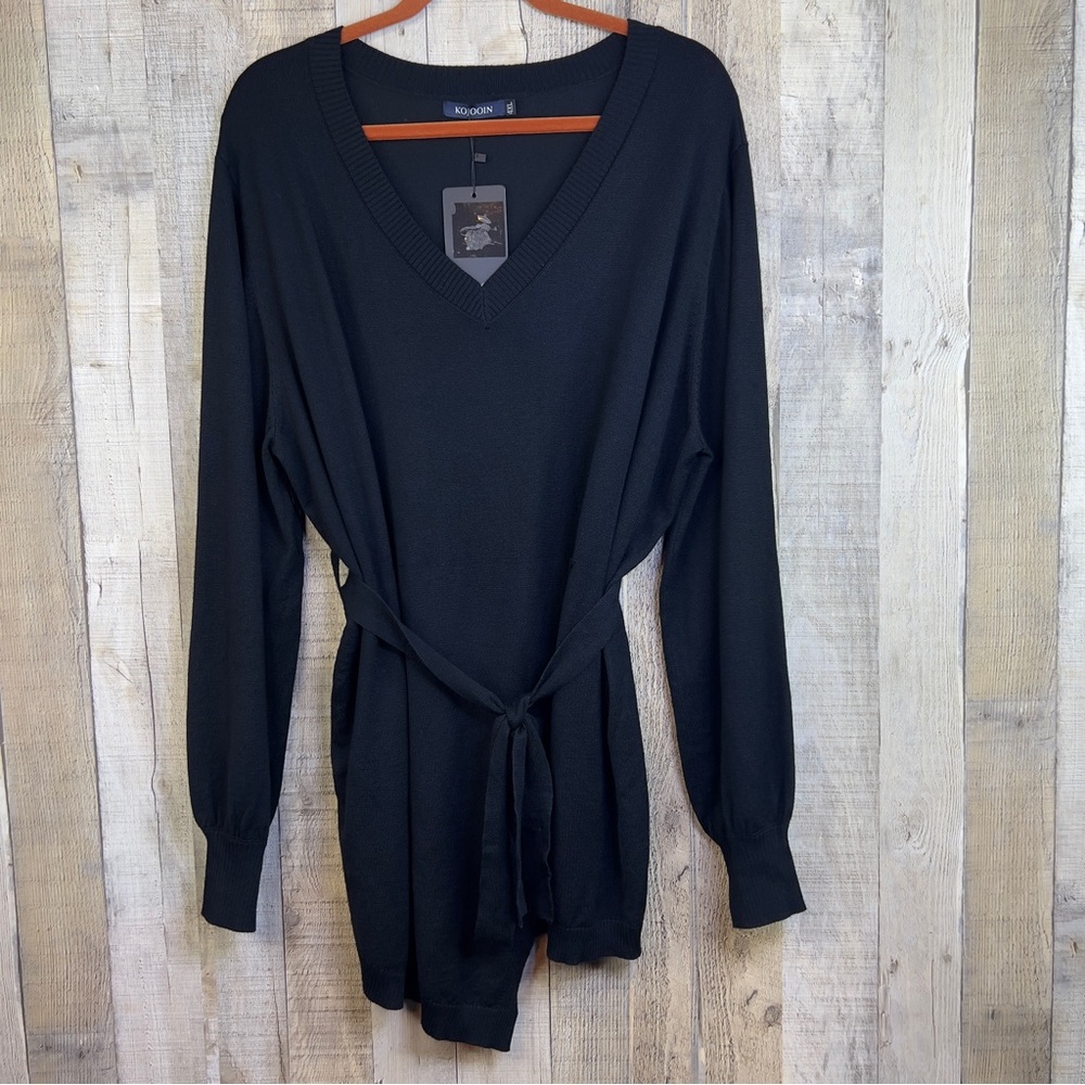 Kojooin Black V-Neck Faux Wrap Sweater w/Balloon Sleeves & Matching Tie Belt